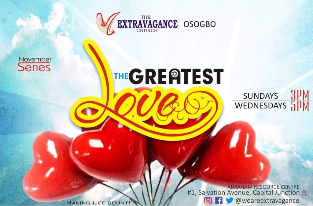 ExtravaganceNG's tweet photo. Make it a date with us this November as we teach on the series, The Greatest Love.

It shall be times of great refreshing in the house!

There will be sessions for deep worship and prayers!

Come, as we experience the true love of God together!

#TEC #WeAreExtravagance https://t.co/A5erU6Gc3I
