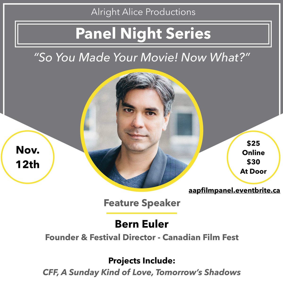 AlrightAlices's tweet photo. We’re excited to share a panelist spotlight with you! @BernEuler of @CanFilmFest will be speaking at our panel on Nov 12th! Get tickets now! Link in bio! https://t.co/g7INFvMbkh