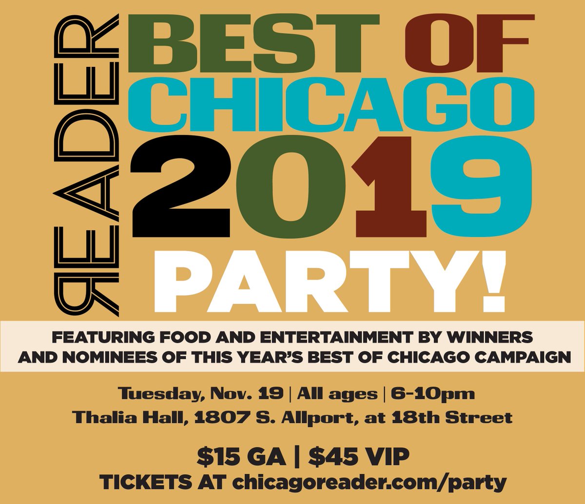 Get a taste of some of Chicago’s best when winners and nominees from the Reader #BestofChicago Food &amp; Drink ballot dish out their prize-winning tastes. Make a plate with food from <a href="/bangbangpie/">Bang Bang Pie Shop</a>, <a href="/chicagodiner/">chicagodiner</a>, <a href="/PublicanQuality/">PublicanQualityMeats</a>, <a href="/DarkMatter2521/">Dark Matter Coffee</a> and more! chicagoreader.com/party