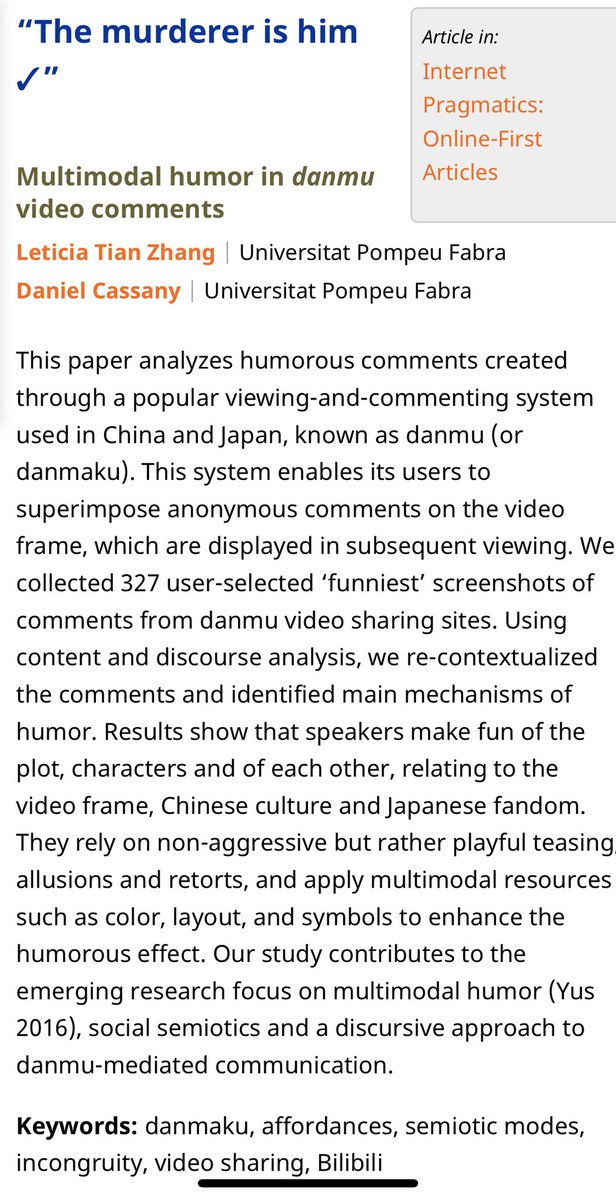 SuminZhao's tweet photo. It has been a long time coming but the first article by @Leti_TianZhang in the special issue on Chinese Social Media for @iPragmatics I have editing is now out! Multimodal Humor and Danmu https://t.co/1I9ayb0L0T https://t.co/wc4ia9ngkk