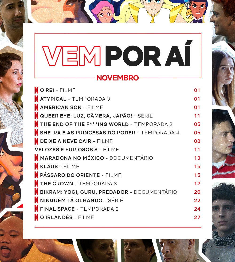 NetflixBrasil's tweet image. Uma lista de filmes e séries que estreiam nesse mês para você esquecer que Mercúrio está retrógrado.