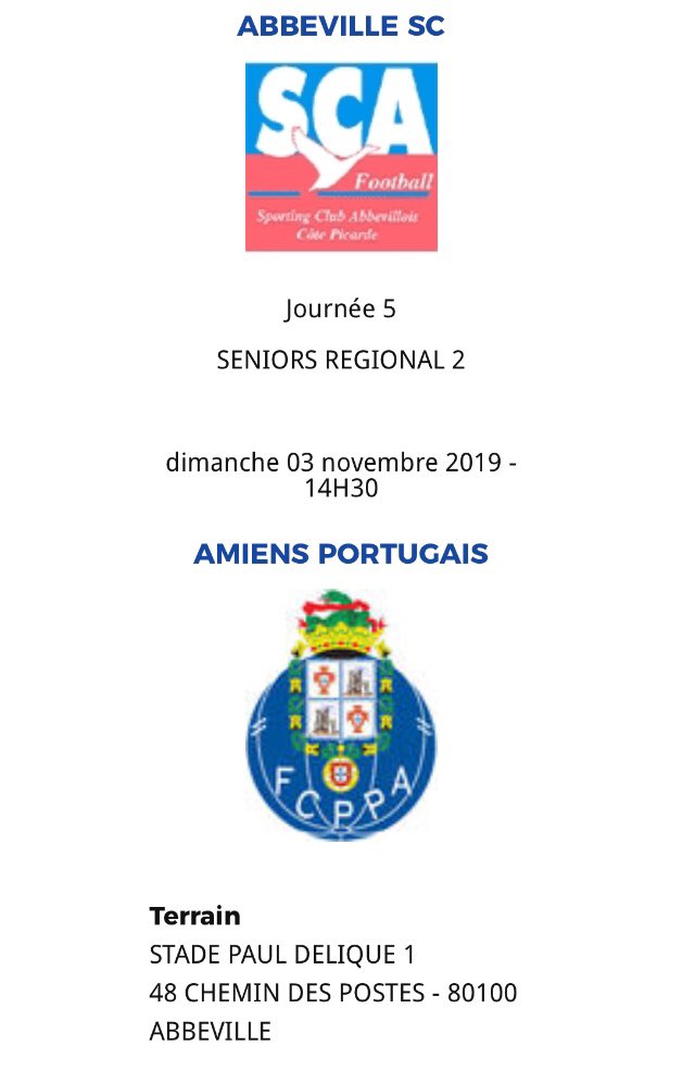 SCAbbeville_'s tweet photo. 🔵🔴CHAMPIONNAT R2🔴🔵

🔜 Journée 5 👇

⚽️ SCA 🆚 Amiens FC Porto
📅 Dimanche 3 nov. 2019
🕝 14h30
🏟 Paul #Delique 

📢 #AllezSCA 💙❤️

@Abbeville_Somme @Le_JDA @CourrierPicard @fbleupicardie @LFHF_ @Somme_fr 
🌐 https://t.co/4AVahtrYP7 https://t.co/UCcdbomr6O