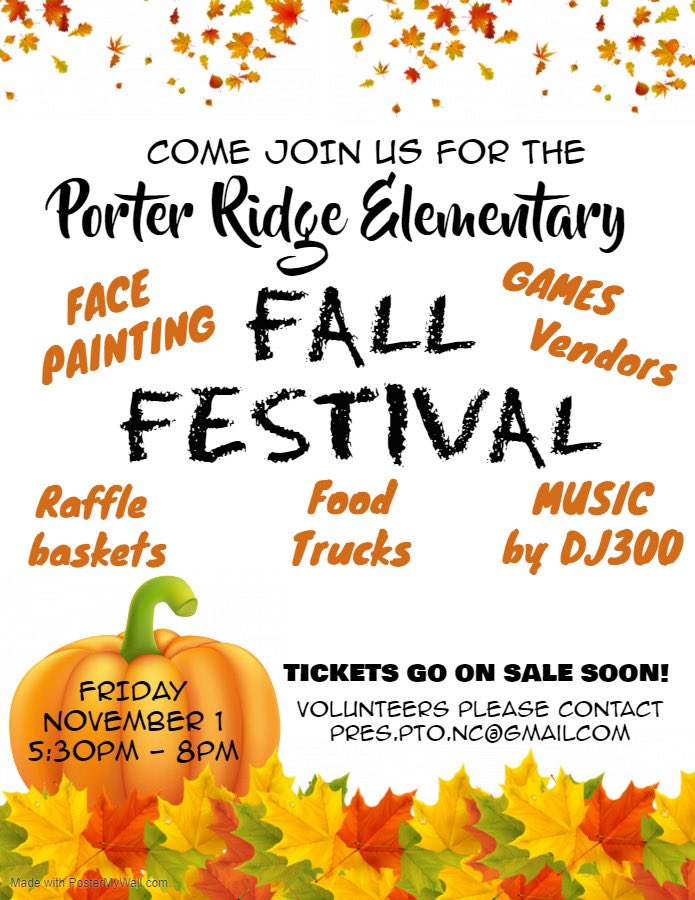 PresPto's tweet photo. It’s a beautiful day for a fall festival!!  Come join us. @PorterRidgeESNC https://t.co/7HRZloBghJ