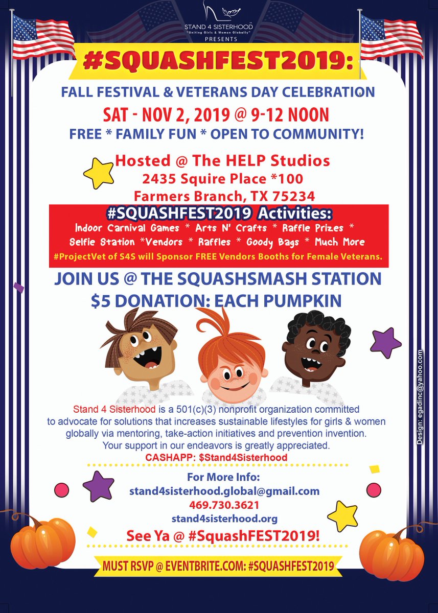 S4S_Inc's tweet photo. Come join the fun at #SquashFEST 2019 host by Stand4Sisterhood in Farmers Branch, TX at The Help Studios Event Center! #theHELPstudios https://t.co/WRoeZ7bOGC