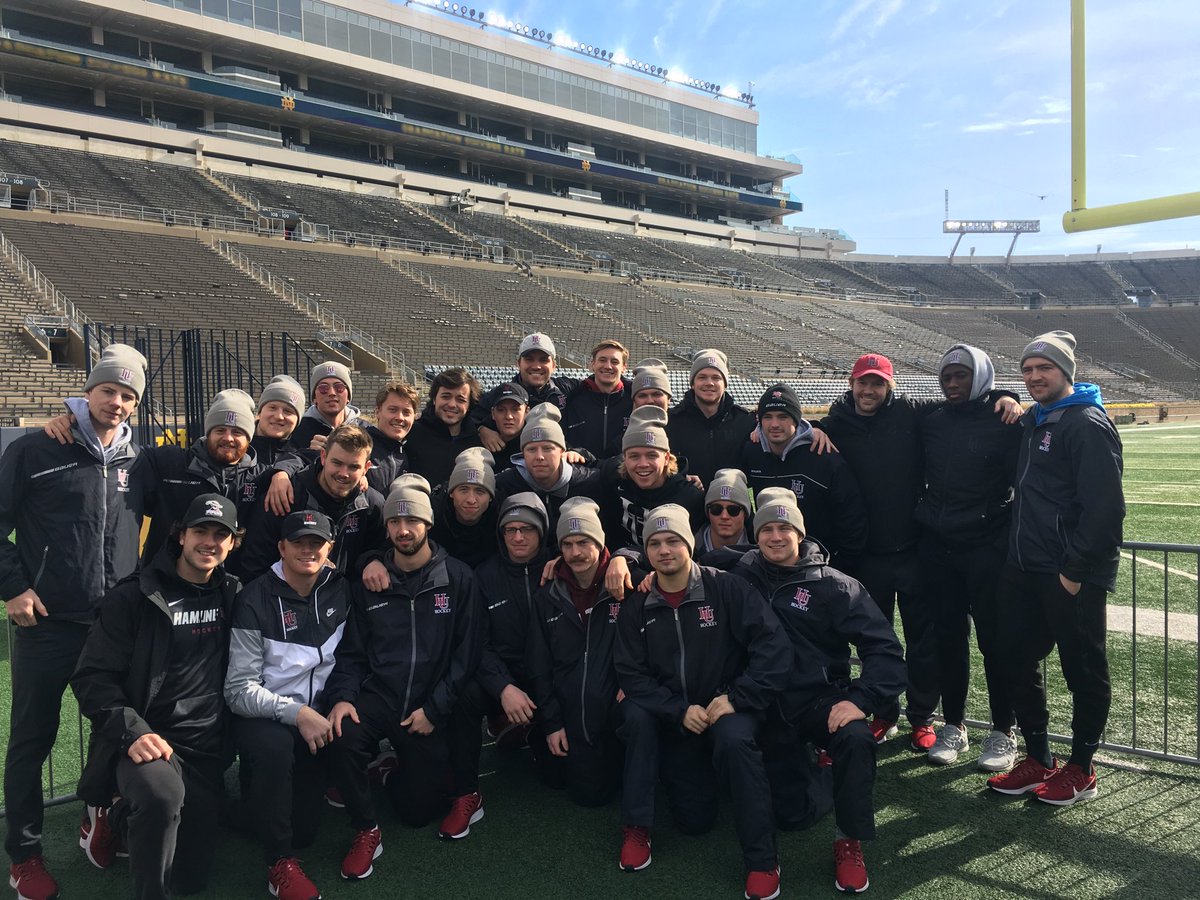 HamlineMHockey's tweet photo. Piper’s make a pit stop at Notre Dame before season opener at Trine University! https://t.co/RoqCQClMsH
