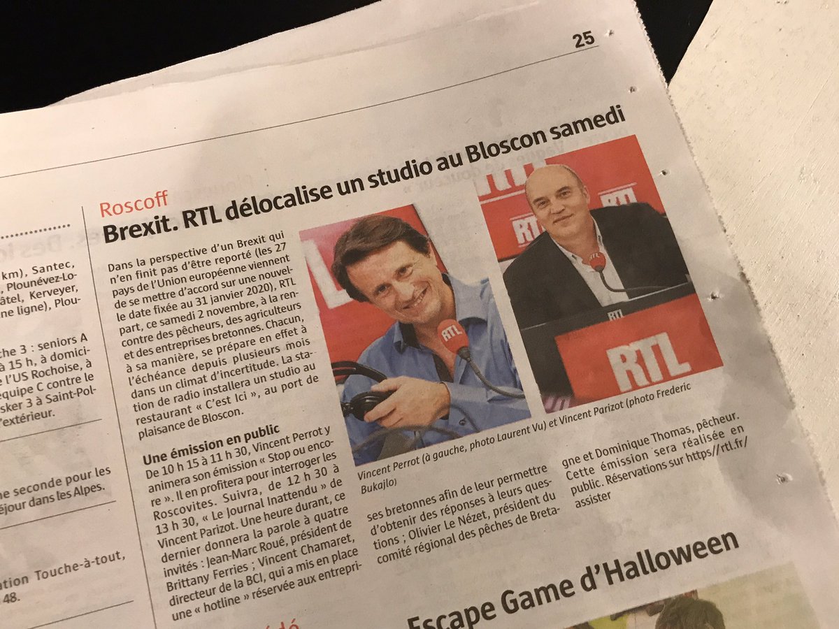 Merci <a href="/LeTelegramme/">Le Télégramme</a> 
Rendez vous demain 
➡️ 10h15 #StopouEncore avec Vincent Perrot
➡️ 12h30-13h30 #LeJournalInattendu avec <a href="/vincent_parizot/">Vincent Parizot</a> et ses invités / En direct de <a href="/cesticiroscoff/">Restaurant "C'est Ici" à Roscoff</a> 
#Roscoff #Brexit 
<a href="/RTLFrance/">RTL France</a>