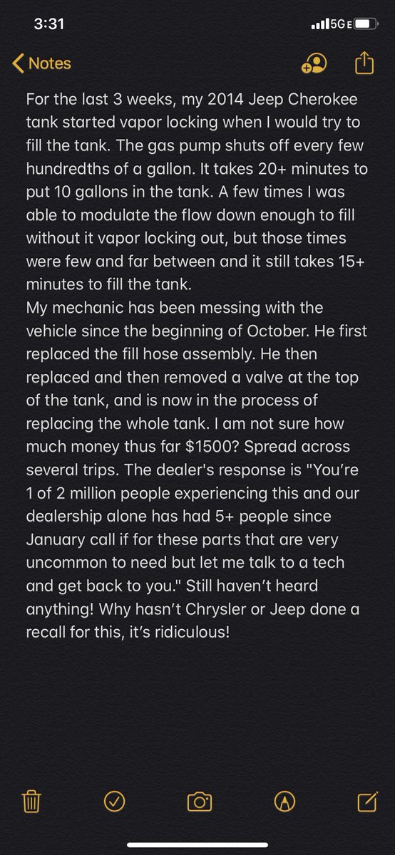 cargiuloa's tweet photo. I don’t do this often but for someone whose job depends on the use of her car, I need to get this out! 
#2014jeepcherokee #jeepcherokeelatitude #takeresponsibility #ownuptoyourmistakes #vaporlock #needgas #recallneeded #jeeprecall @Jeep @Chrysler https://t.co/ZXNRukUcuY