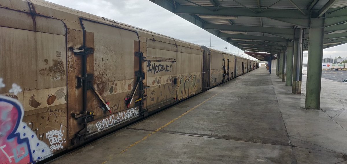 LePerpiRungis's tweet photo. « Le train Perpignan-Rungis repartira le 1er novembre » @Elisabeth_Borne, 17 juillet 2019. 
Aujourd’hui voilà la réalité, un train à l’arrêt, des wagons vides et des quais de chargement fermés. 
Honte à ce gouvernement qui ment autant qu’il expédie de CO2 dans l’atmosphère ! https://t.co/pQCG9MebDM