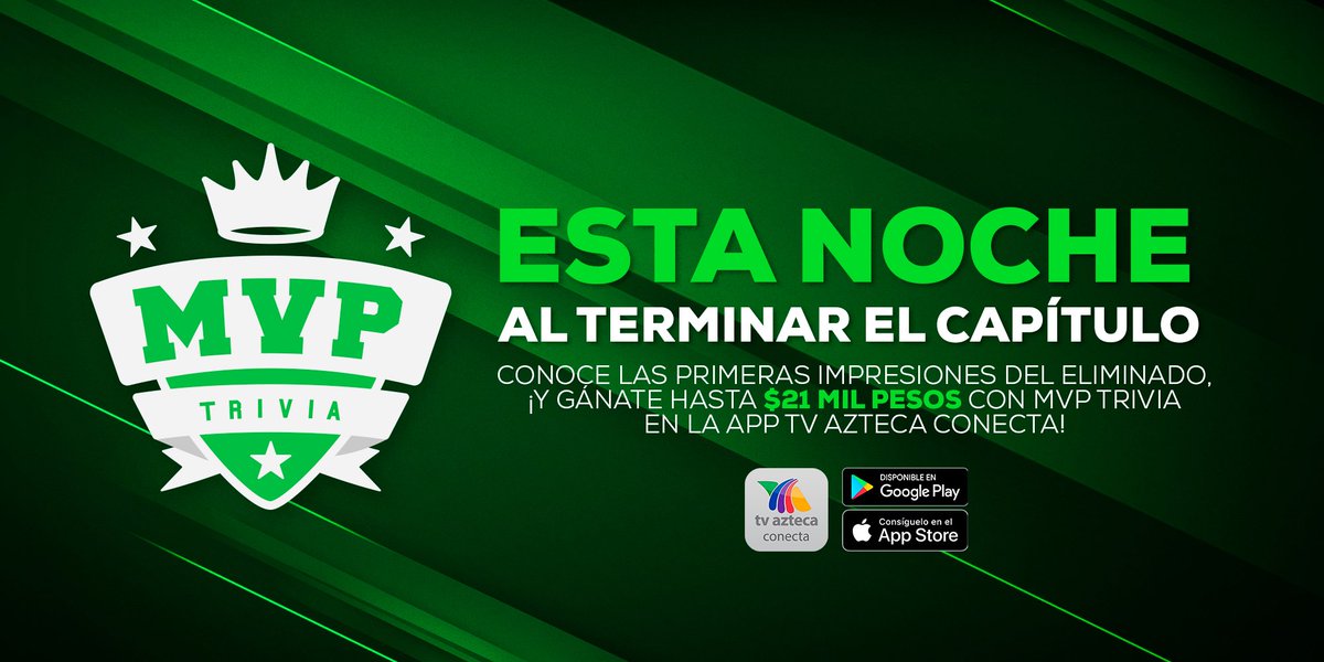 ExatlonMx's tweet photo. ¡Conoce las primeras impresiones del eliminado de la semana y gánate hasta 21 mil pesos! 💰 Falta poco para que puedas jugar con él en #MVPTrivia desde la app TV Azteca Conecta. 📲 ¡Conéctate al terminar el capítulo!
 
¡Demuestra que eres el fan #1!

#ViernesDeExatlón https://t.co/fnTeTYCej5