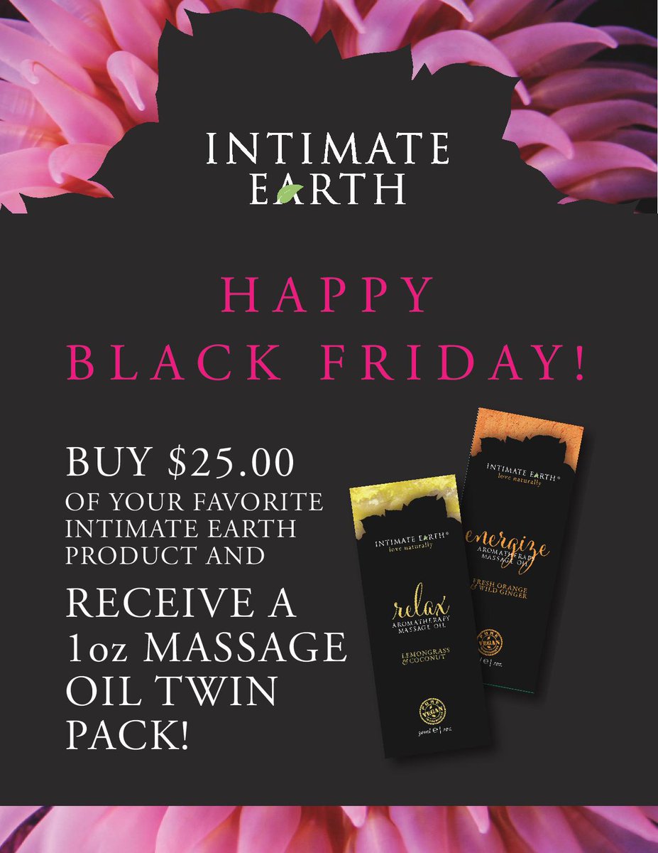 It's that time of the year again! 😁

Our Black Friday offer starts now! Spend $25 (before shipping) and receive a twin pack of Relax 1oz 🍋 and Energize 1oz 🍊 massage oils! (retail value $9.95)

Head over to intimate-earth.com now! No promo code needed! #lovenaturally
