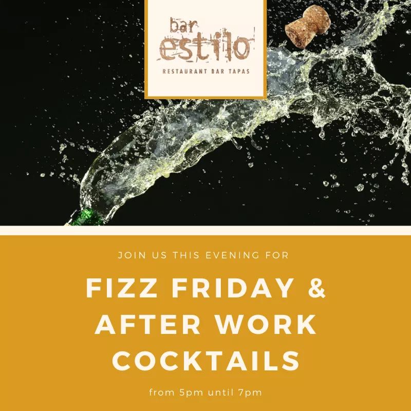 Start the weekend in style with these two amazing offers at Bar Estilo

 £10 OFF ALL BOTTLES OF CHAMPAGNE AND SPARKLING WINE 

and...

SELECTED COCKTAILS ONLY £4.95 EACH!

Available from 5pm until 7pm tonight