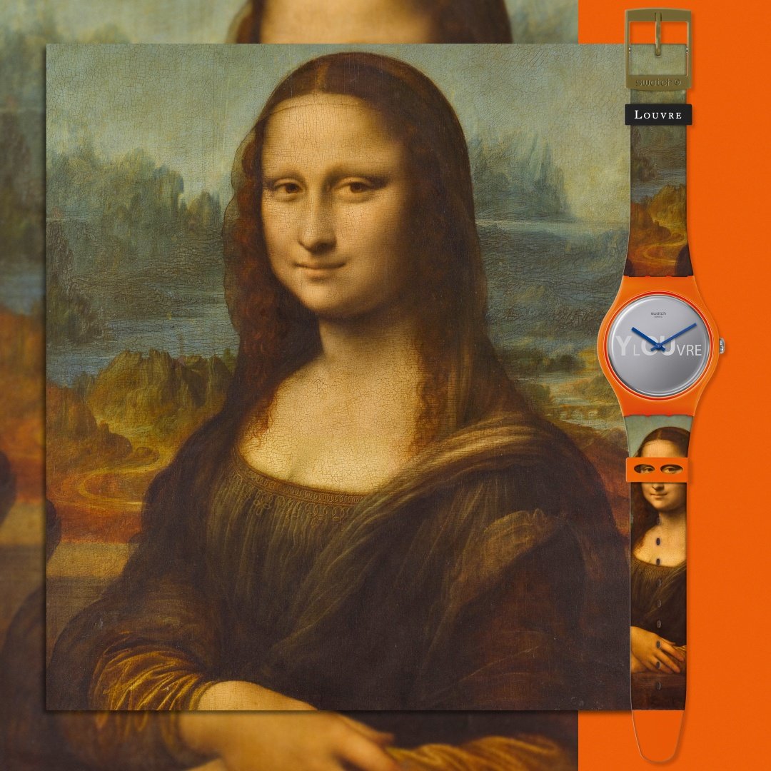 SwatchUK's tweet image. #SwatchXLouvre presents LISA MASQUEE - a contemporary makeover of Mona Lisa flirting in her long-known manner, adorned by an orange mask 🎨 swat.ch/masquee-tw
