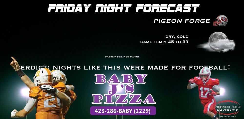 IHVarsity's tweet photo. Our #FridayNightForecast is presented by Baby J's Pizza. What a difference 24 hours makes! No wind. No rain (snow). Just crisp, chilly, beautiful football weather! https://t.co/sUE7jiKak8