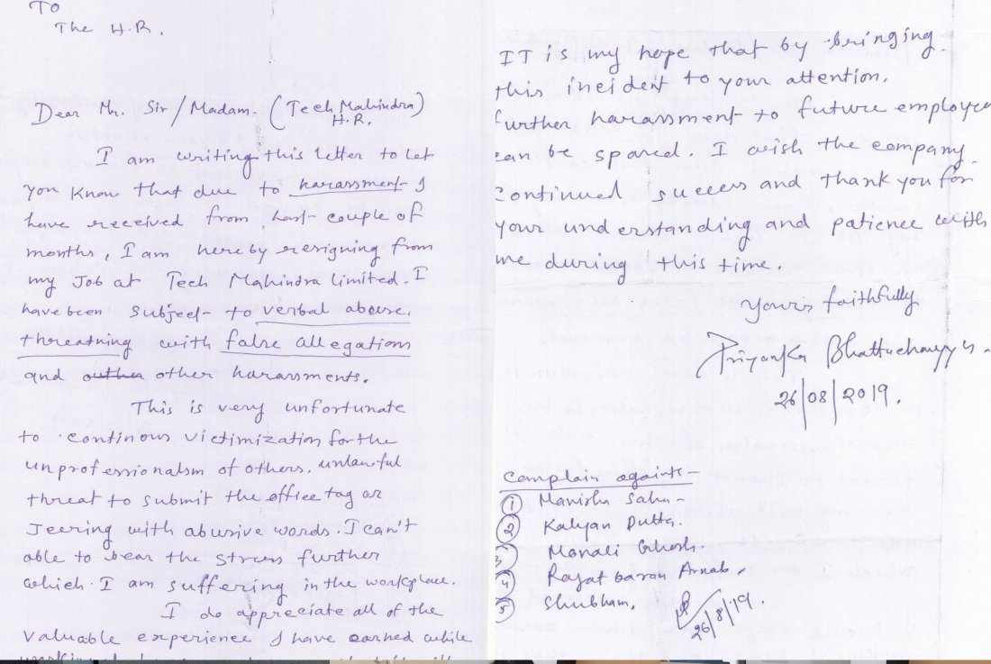 YourHR3's tweet photo. I was terminated without any valid reason as I was investigating the below complaint which was against the favourites of @tech_mahindra Kol Center Head Shelly Das @anandmahindra sir a dignity of a woman could not be protected here bcoz of the conspiracy against me #forcedresign https://t.co/K9OOG9i4Ad