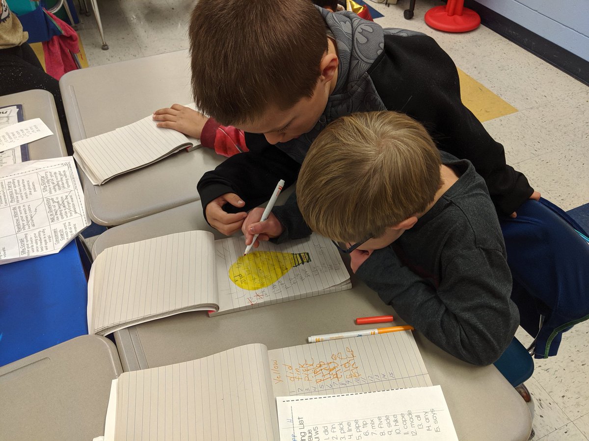 CathyWardle5's tweet photo. What a way to put your "thinking cap" on!  One Rams student helping another by drawing a light bulb with spelling words hidden within.  
@RinggoldNorth #Learningisfun#Motivatedlearners#Ramspride https://t.co/GNYZQtHFWl