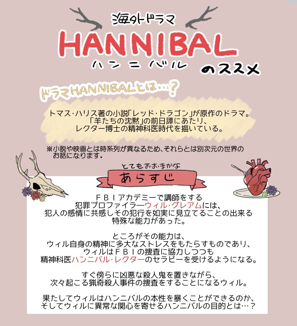 11月29日から海外ドラマHANNIBALがBS12にて再放送されるのでもう一度布教絵流しときます✋
見てね～ 