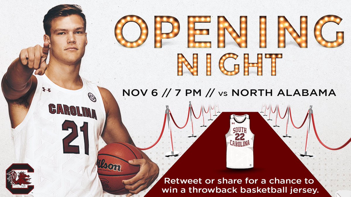 GamecockMBB's tweet photo. LAST CHANCE!!!

Retweet for a chance to win one of our new throwback jerseys!!

IT'S GAMEDAY!! 🏀🐔 https://t.co/EVHd331efw