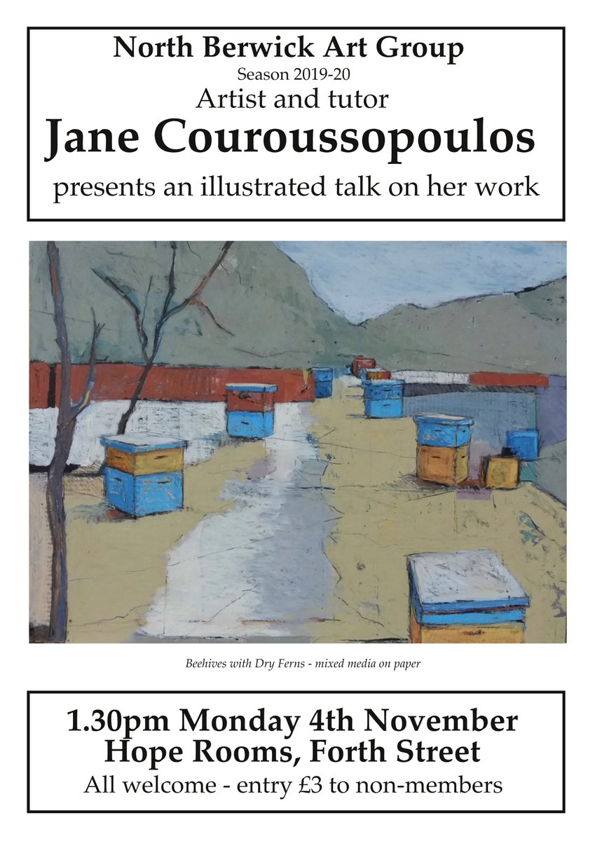 Our November talk will be by artist and tutor Jane Couroussopoulos on her work. Non-members are welcome to attend any of our talks (£3 entry)
Monday 4th Nov at 1.30pm Hope Rooms, Forth Street