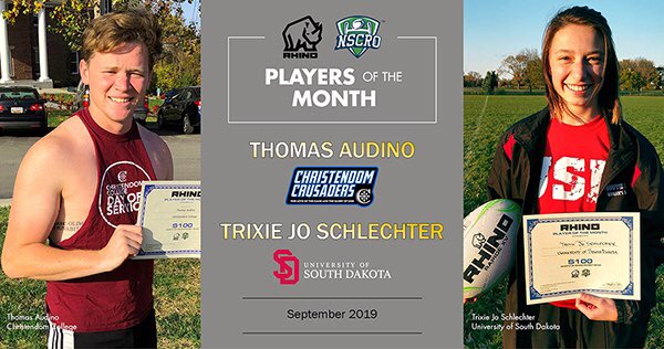 Rhino Rugby congratulates Trixie Jo Schlecter of the USD Women's Rugby Club and Thomas Audino of the Christendom Rugby Club on their selection as the September Rhino NSCRO Player of the Month. 
⁣