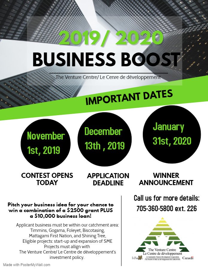 NorthernIHUB's tweet photo. CONTEST ALERT! The @venture_centre is here to help boost your business! Apply for your chance to win a $2500 grant PLUS a $10,000 loan! Contact us at 705-360-5800 ext. 226 for more details! https://t.co/nduyjU3r1h