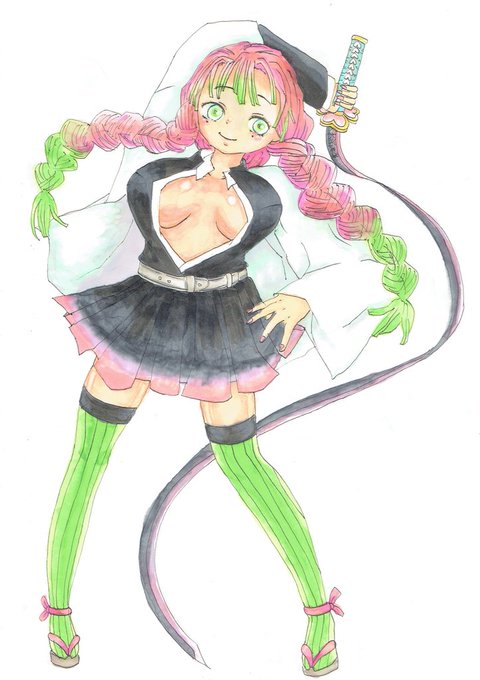 しろめさんがTwitterに投稿した甘露寺蜜璃(鬼滅の刃)のイラスト。