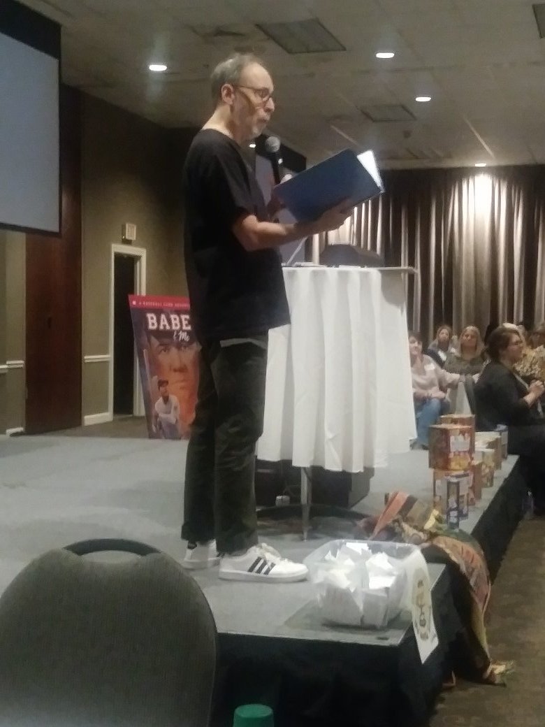 Listening to children's author Dan Gutman today. He never gave up after writing his first book and getting hundreds of rejection letters. In his hand are his letters. Perfect example of failing forward. <a href="/jenajonescms/">Jena Jones</a> @AshleyGableCMS