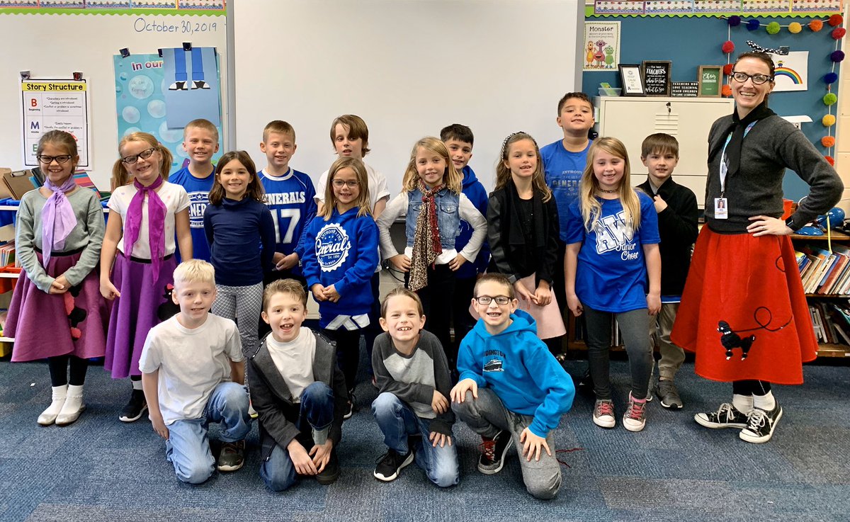 mrs_rbirt's tweet photo. Happy 50th Day of school! We traveled back in time to the 1950’s #1950s #history #nowandthen #poodleskirts #leatherjackets #whitetshirts #highponies #slickedhair #sockhop https://t.co/fOcIy2m4KC