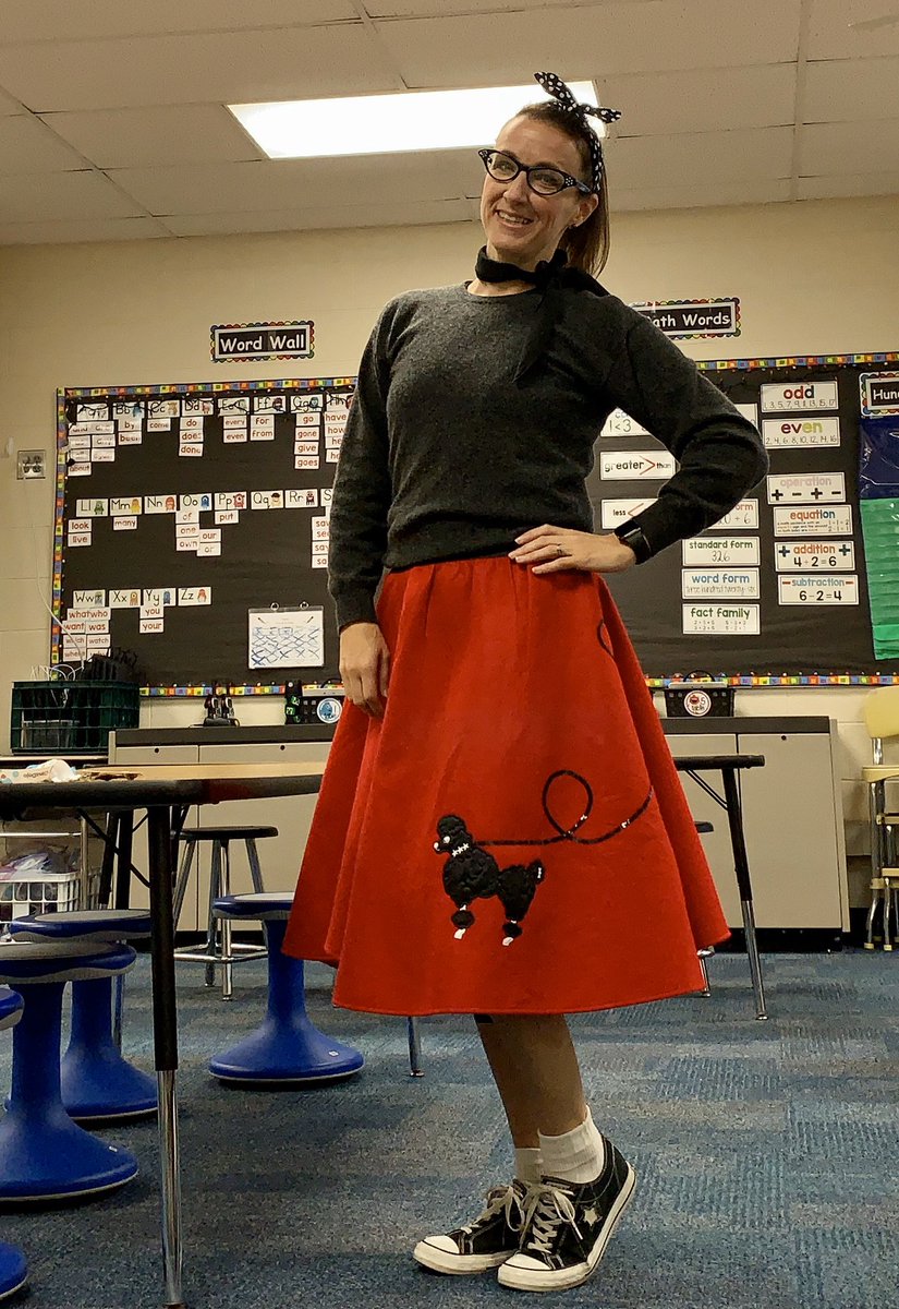 mrs_rbirt's tweet photo. Happy 50th Day of school! We traveled back in time to the 1950’s #1950s #history #nowandthen #poodleskirts #leatherjackets #whitetshirts #highponies #slickedhair #sockhop https://t.co/fOcIy2m4KC