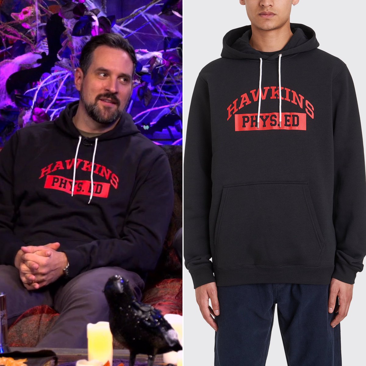 critrolecloset on "travis wore the “nike x stranger things hoodie” by @nike in black/white/university red on episode 129 of talks machina. the is originally $70 and on sale for $63
