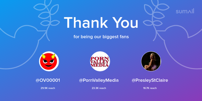 Our biggest fans this week: OV00001, PornValleyMedia, PresleyStClaire. Thank you! via https://t.co/Ic1sEYJmO8