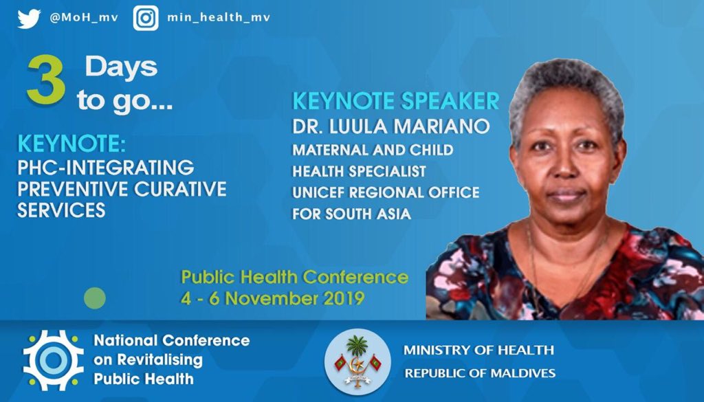 Keynote by Dr Luula Mariano 
On #PrimaryHealthcare- integrating curative and preventive services <a href="/unicef/">UNICEF</a>  

#PublicHealthConference2019
#YearOfPublicHealth2020
#WorkingTogether
#HealthierNation
#RevitalisingPublicHealth
#PH2020