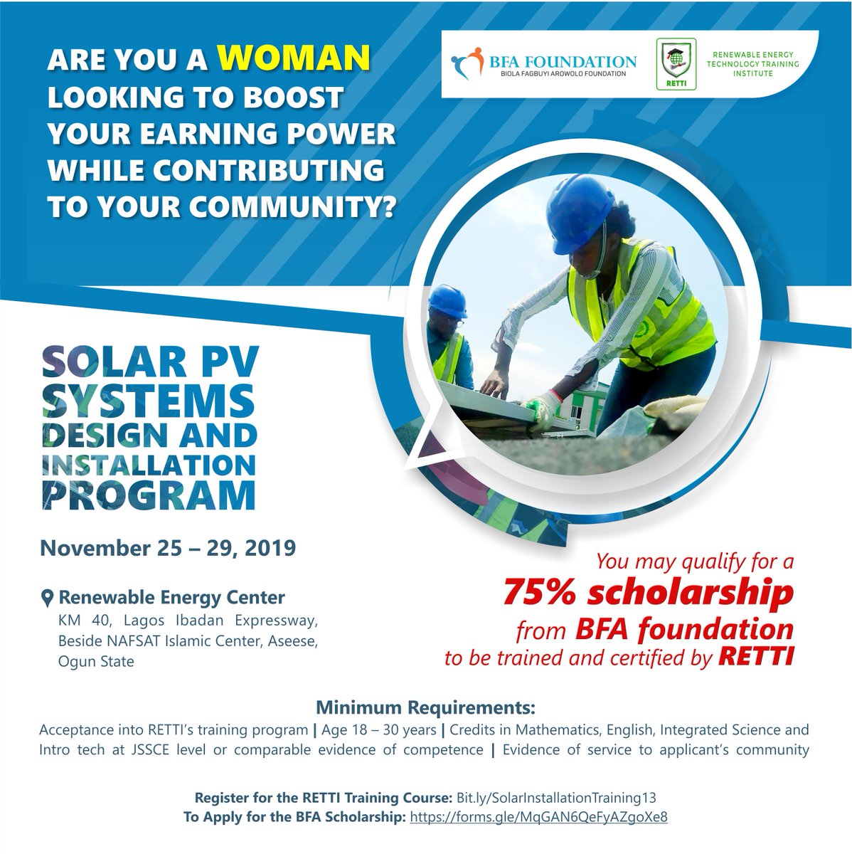 <a href="/BFAFoundation/">BFA Foundation</a> In partnership with <a href="/RETTInstitute/">Renewable Energy Technology Training Institute</a>
will provide scholarships for women to be certified in solar design and installation.
Interested women should apply here:
forms.gle/MqGAN6QeFyAZgo…
<a href="/OluVerheijen/">Olu Verheijen</a>
<a href="/GloryOguegbu/">Glory Oguegbu</a>
#WomeninEnergy
#CleanEnergy
#SDG7