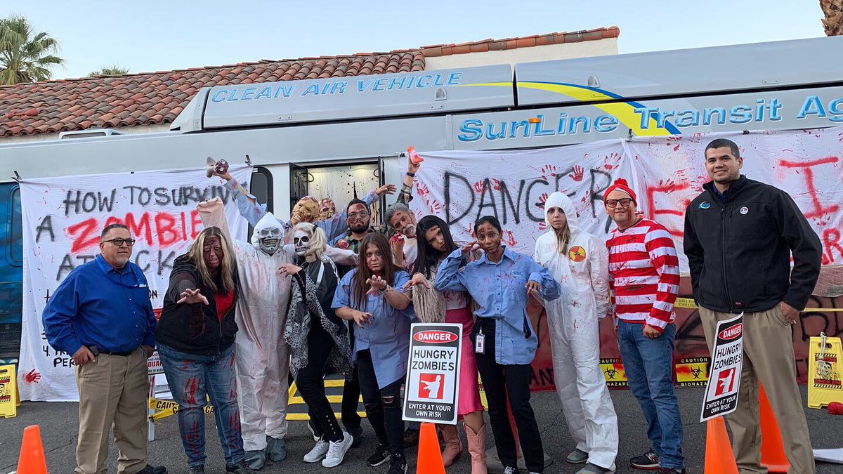 SunlineTransit's tweet photo. A big thank you from all of us at SunLine for getting spooky with us at our 5th Annual #STAZombieBus 🧟‍♀️🚍🧟‍♂️ #PSVillageFest #STACommunity https://t.co/RHHylCpizC