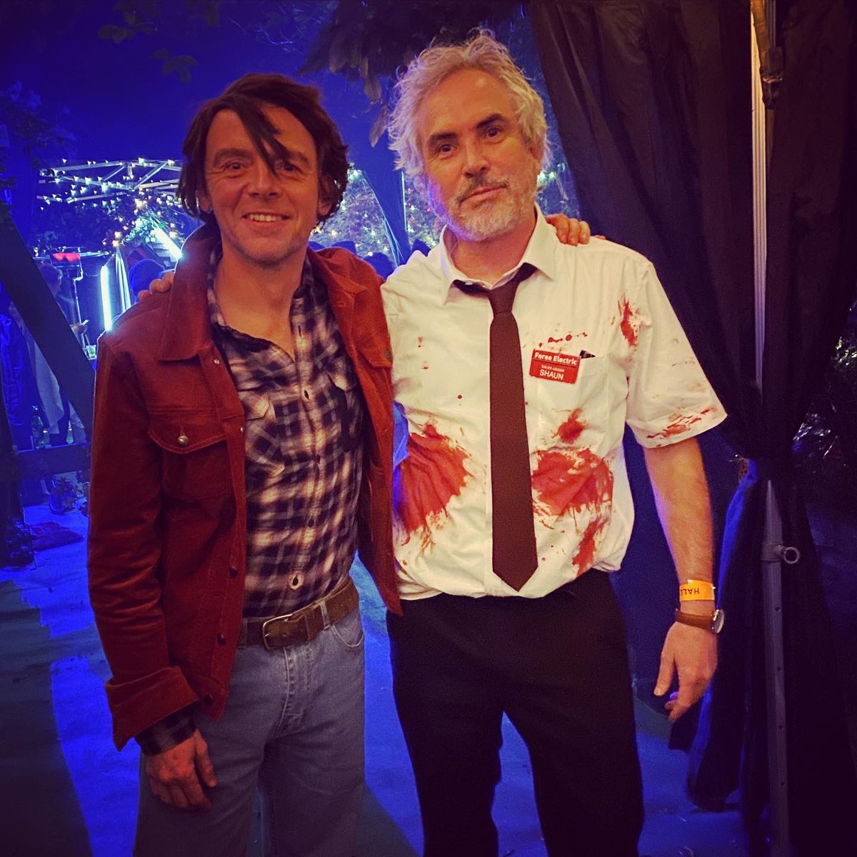 edgarwright's tweet photo. Alfonso Of The Dead (in focus) now with bonus real Shaun (as Jack Torrance). Thanks to @wossy &amp; Jane Goldman for the magnificent Halloween ding dong. https://t.co/wbu5lfUALr