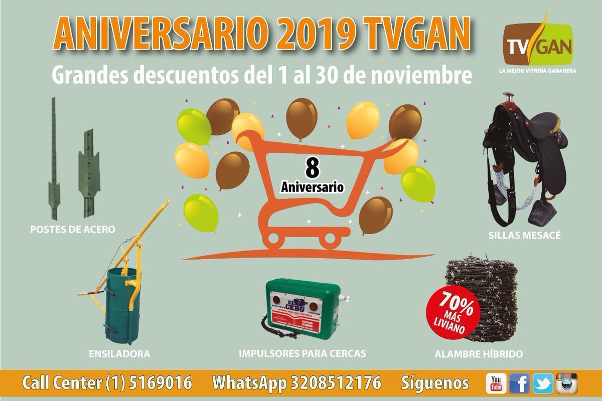 #TvGan celebra su 8° ANIVERSARIO* y trae para sus clientes y para todos los ganaderos descuentos especiales o Productos adicionales en nuestros combos tradicionales
COMUNÍQUESE YA O al celular 320 8512176;  (1) 5169016 
#Aniverssrio #Ganado #cumpleaños #Descuento 🐄🐃🐮🐂🐄🐃