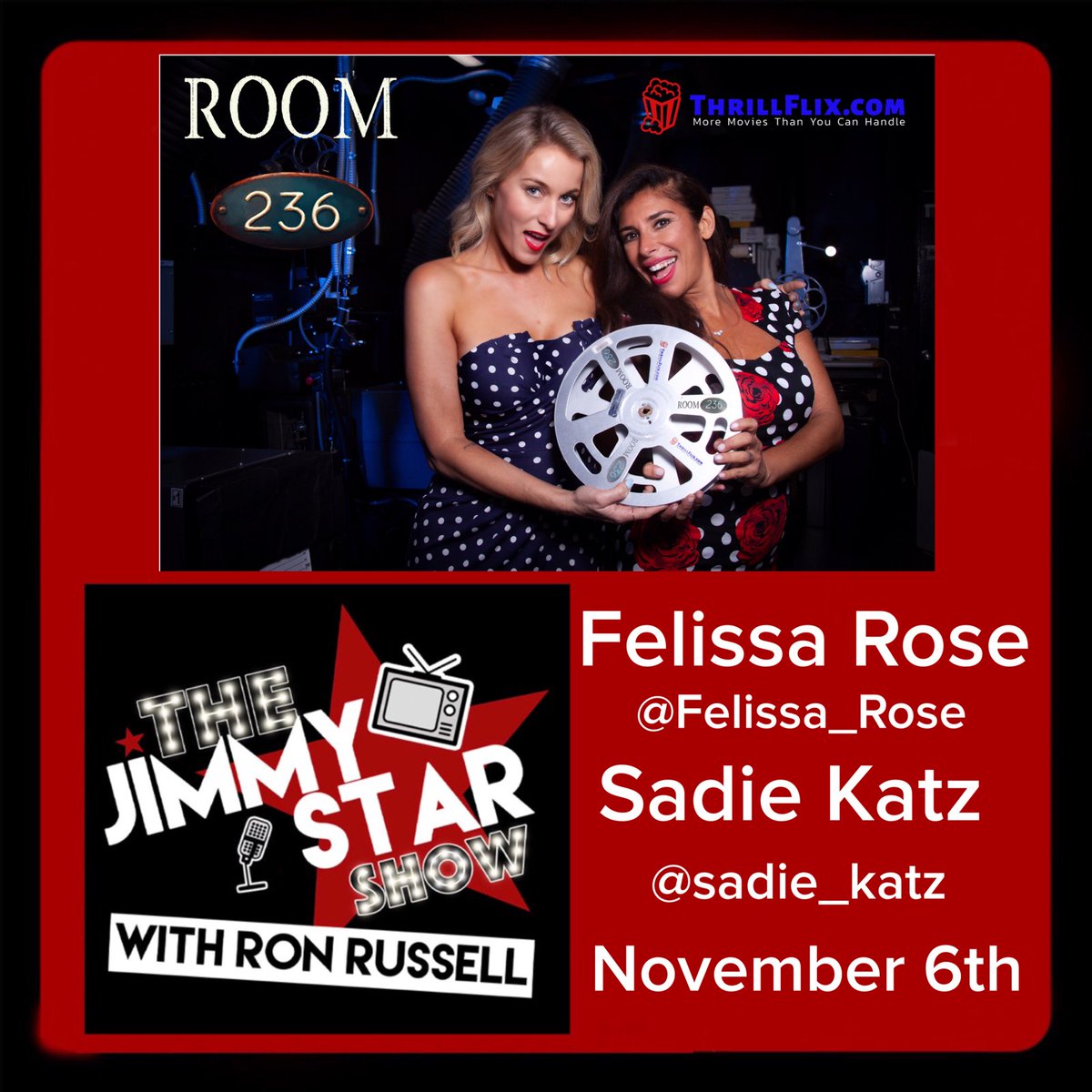 ThisIsJimmyStar's tweet photo. Wednesday on the #jimmystarshowwithronrussell we have Scream Queens and Horror Icons @Felissa_Rose and @sadie_katz talking about their careers and their new channel Room 236 on @ThrillFlix tune in to @w4cyradio from 12-2 pm PT and watch is live https://t.co/StP5kzqOQB