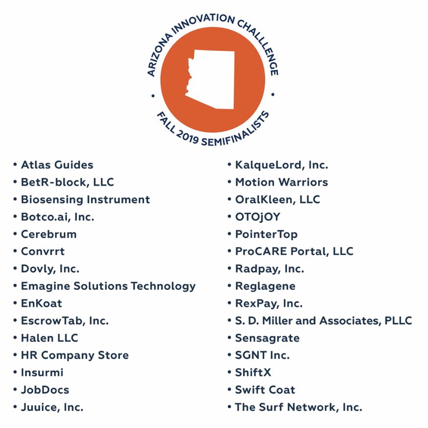 We’re proud to be one of the innovative #Arizona companies selected in the semi-finalist round of @azcommerce Fall 2019 #ArizonaInnovationChallenge! Congratulations to all semifinalists and best of luck on the next round. #AICFall2019 #AZAwesome #yesphx #LoveChandler