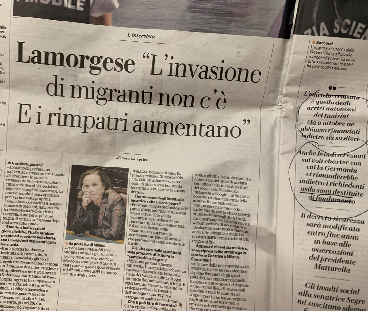 OGiannino's tweet photo. Il ministro Lamorgese si attiene a un profilo istituzionale, ergo non straparla come suo predecessore. Ma intervista odierna andrebbe distribuita nelle piazze e buche delle lettere per come numeri alla mano sbugiarda propaganda degli imprenditori politici della paura https://t.co/Bb8VoiTdPs