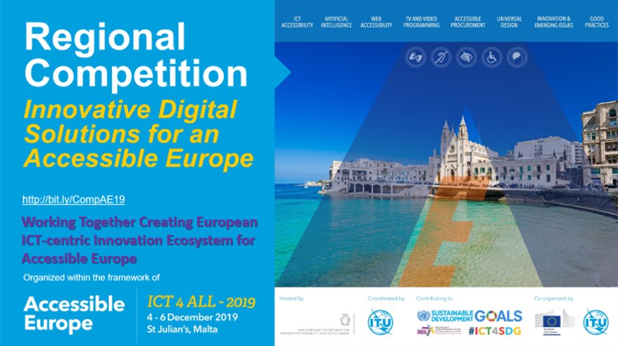 ITUEurope's tweet photo. TODAY: @ITU_EUR pleased to ANNOUNCE NOMINATED DIGITAL SOLUTIONS of Regional Competition -> https://t.co/I94ZJelrKv | Congratulations to all participants for making #Europe more #accessible | Join us at #AccessibleEurope19 to build the European ICT-centric #innovation ecosystem https://t.co/7C9av8P1vV