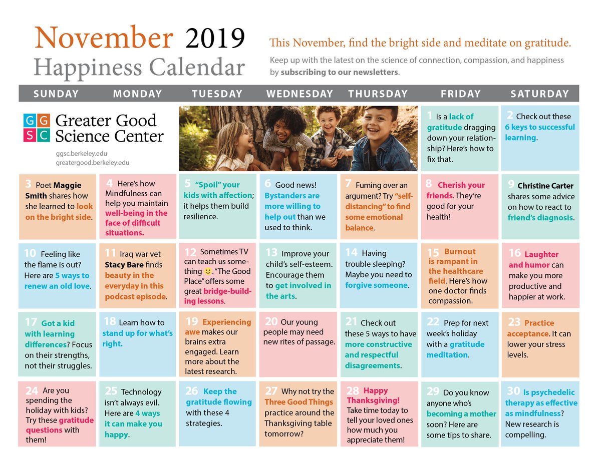 GreaterGoodSC's tweet photo. Happy November! Have a great month with our Happiness Calendar. #happinesscalendar #happyNovember #gratitude #connection #optimism
https://t.co/5FJ2mULy1D https://t.co/ga4DoSN2iN