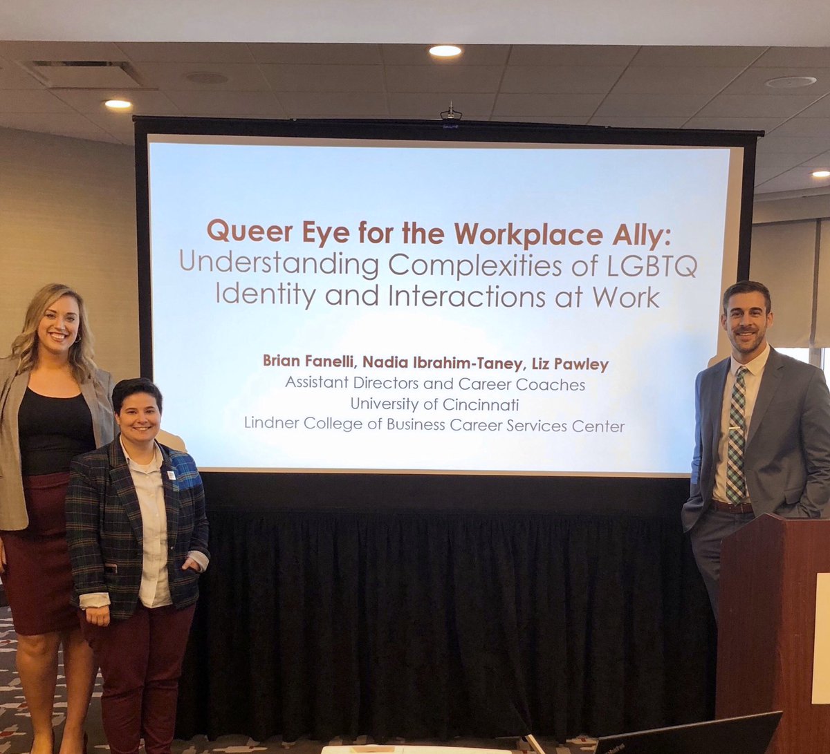 LindnerCollege's tweet photo. Hats off to Liz Pawley, Nadia Ibrahim-Taney and Brian Fanelli, career coaches from @HireLindner, who presented on understanding LGBTQ identity and interactions in the workplace at the @CincyChamber and @FifthThird Diversity Leadership Symposium today. #LindnerPride https://t.co/iRMamp3bf1
