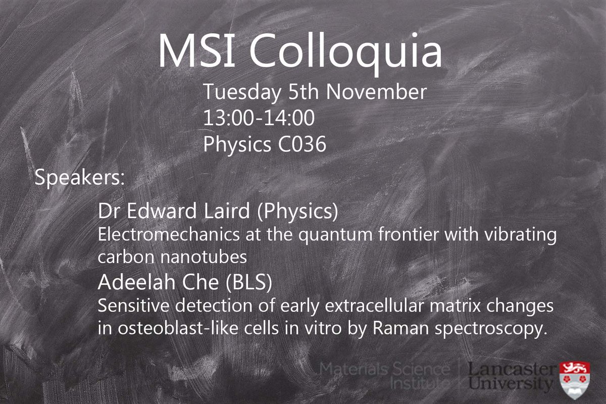 The MSI Colloquia is back!
Our first session sees Dr Ed Laird of <a href="/LancUniPhysics/">Lancaster Physics</a> talk about electromechanics at the quantum frontier with vibrating carbon nanotubes⚛️
Completing the line up is Adeelah Che of <a href="/BLSLancasterUni/">BLS Lancaster University</a>, as recipient of the MSI Young Scientist Travel Award🎉