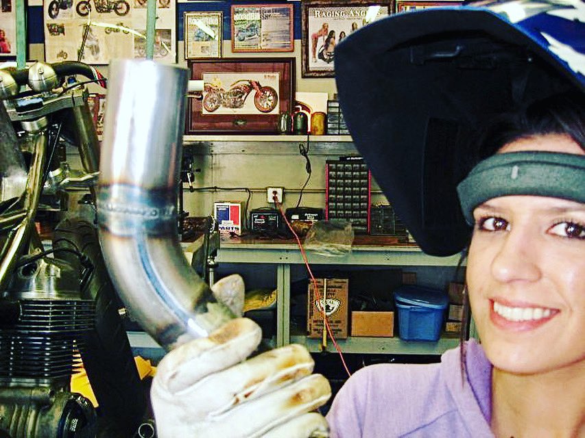 AFTCustoms's tweet photo. Cyndi Hamerton tig welding #Sentoh’s exhaust using @MillerWelders Diversion 180. #tigwelding #AFTCustoms https://t.co/8f3aomguQF