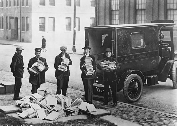 Boston, November 1st 1919: Boston police with raided communist materials, collected in the Palmer Raids of the First Red Scare: