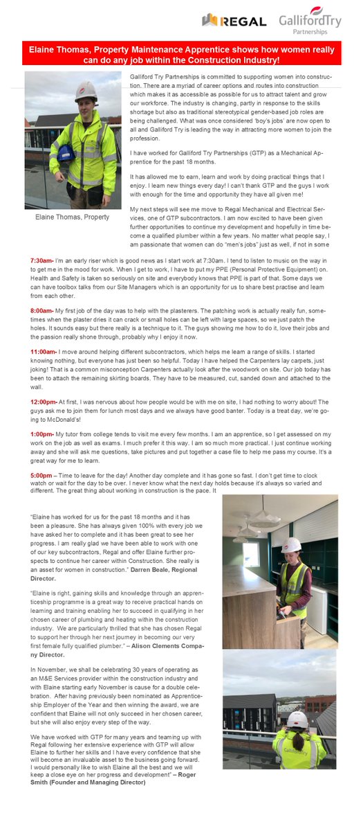 _RegalME's tweet photo. A huge #thankyou to Jade Wilkes @gtpartnerships for this great editorial on Elaine Thomas; our first ever #femaleplumber who joins us today after having completing 18 months with #gallifordtry.

#WeLoveConstruction #WomenIntoConstruction #WomenInConstruction
 #PlumbingLife https://t.co/eoGTRdN0d8
