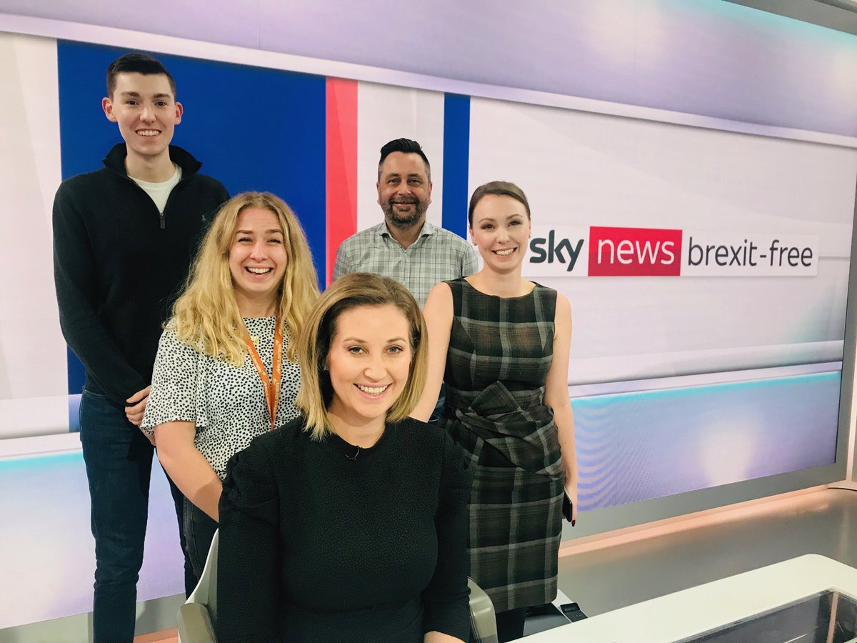 NeilDunwoodie's tweet photo. The @SkyNews #brexitfree team are just about to go live for the last time tonight. All the latest non-Brexit stories with @KimberleyeLeo from 5pm on Sky 523 &amp; YouTube. #skynews https://t.co/HZRpIoUYKx