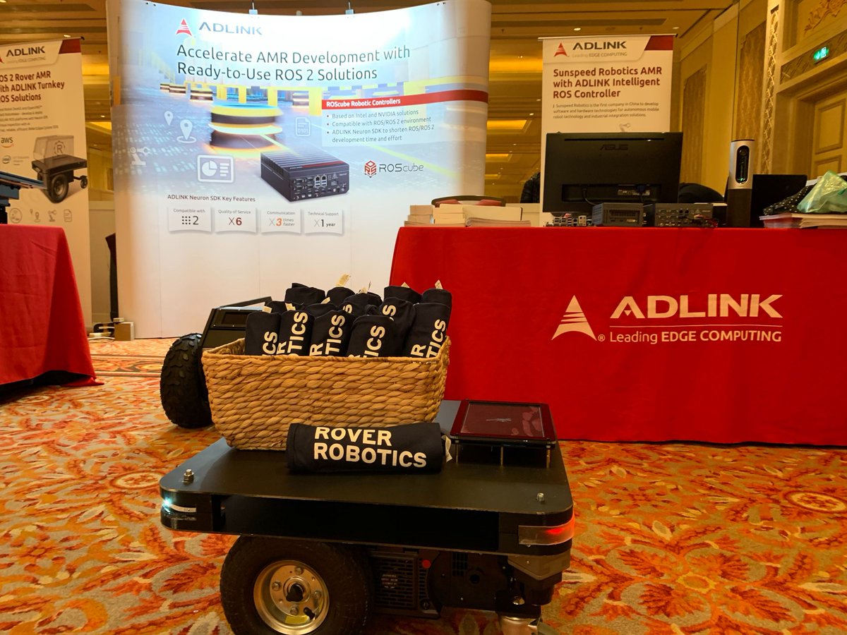 ADLINK_Tech's tweet photo. Last day @ #ROSCon2019 in Macau. Exciting to see ADLINK + @roverrobotics + #AWSRobomaker and #Sunspeed #Robotics showcasing different types of AMR / AGV solutions developed w/ #ADLINK ROSCube and ROS Starter kit. #goROS @ADLINK_IoT @OpenRoboticsOrg #MachineVision #edgecomputing https://t.co/W4PH09uPn4