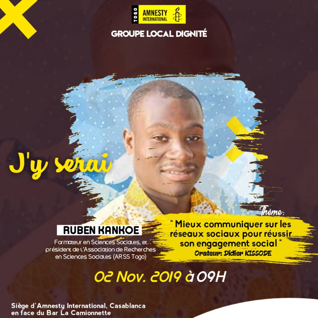 RKankoe's tweet photo. J'ai eu l'honneur d'être invité à partager l'expérience de mon engagement social au cours d'une communication qui sera donnée par @DidierKissode au siège d'Amnesty International.

#DigitalDating
#DigitalWork
#GroupeLocalDignite
#OnSeSoutient
#ArssTogo https://t.co/uqsbuINjVV