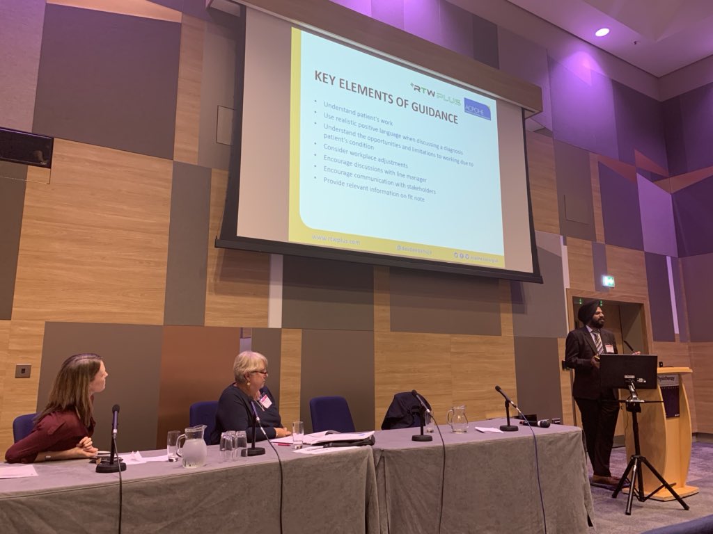 ACPOHE's tweet image. Fantastic final @ACPOHE #FitForWork session of the day by @devdeepahuja @parkercc1 @Work2Well &amp;amp; Prof Karen Walker-Bone about supporting the employee with long-term conditions 👍👏🙌 @thecsp #Physio19