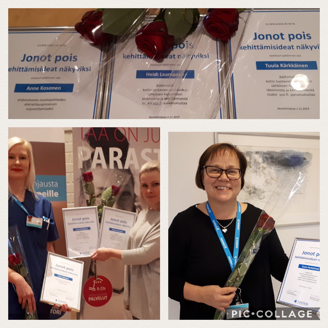 MtTiainen's tweet image. Kehittämisideoista ja -toimista jaettiin tänään #jonotpois'palkintoja @SosteriFI'ssa. Lh Anne ideoi ateriatilausprosessiin lisää sujuvuutta. Palveluohjaajat Heidi ja Tuula kokosivat kotiin tuotavat palvelut sähköiseen #yssi-alustaan. Kiitos ideoinnista ja paljon onnea 👏